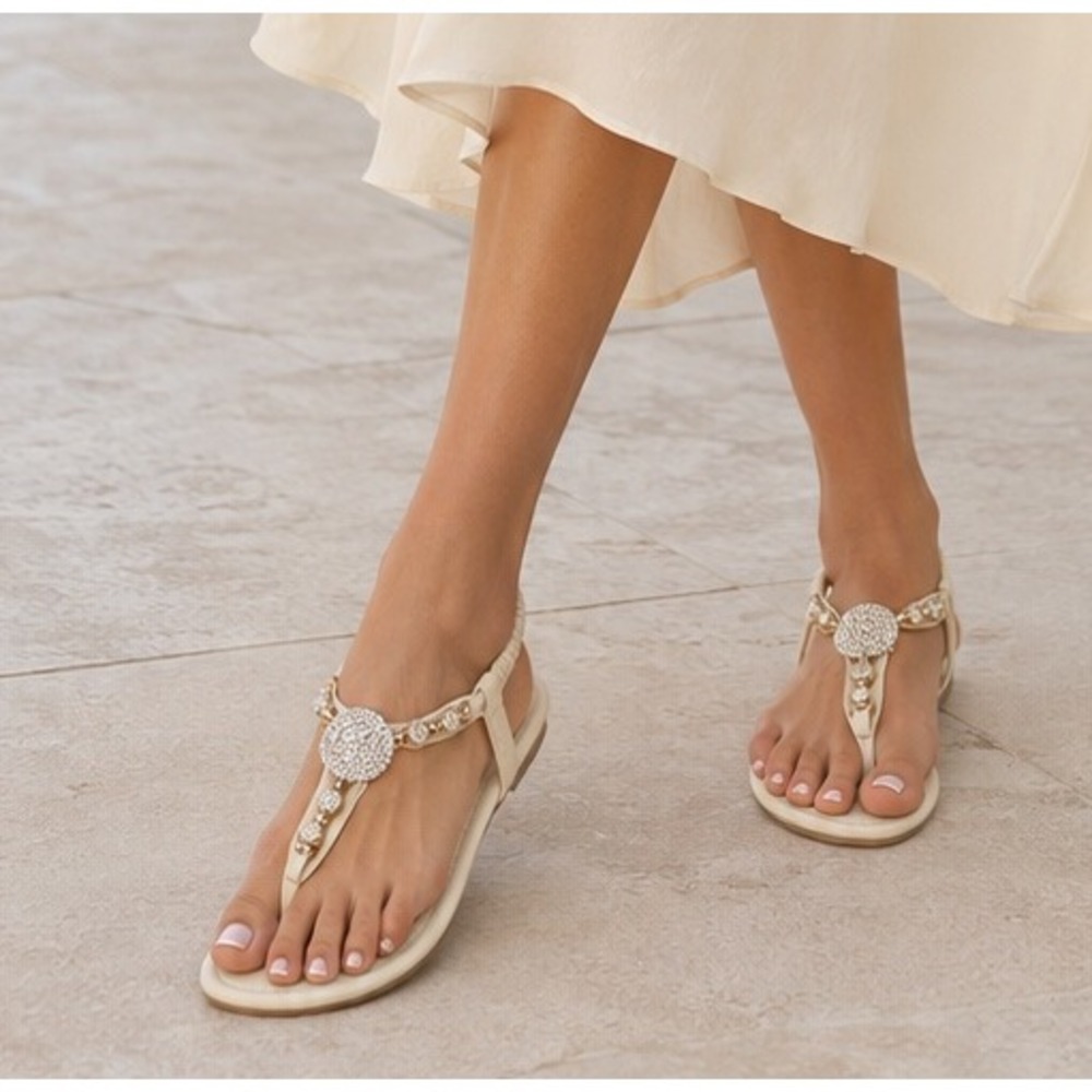 Venus Thong Sandal Wedge Heel Women 8 Rhinestone Medallion Cream Glam Resort